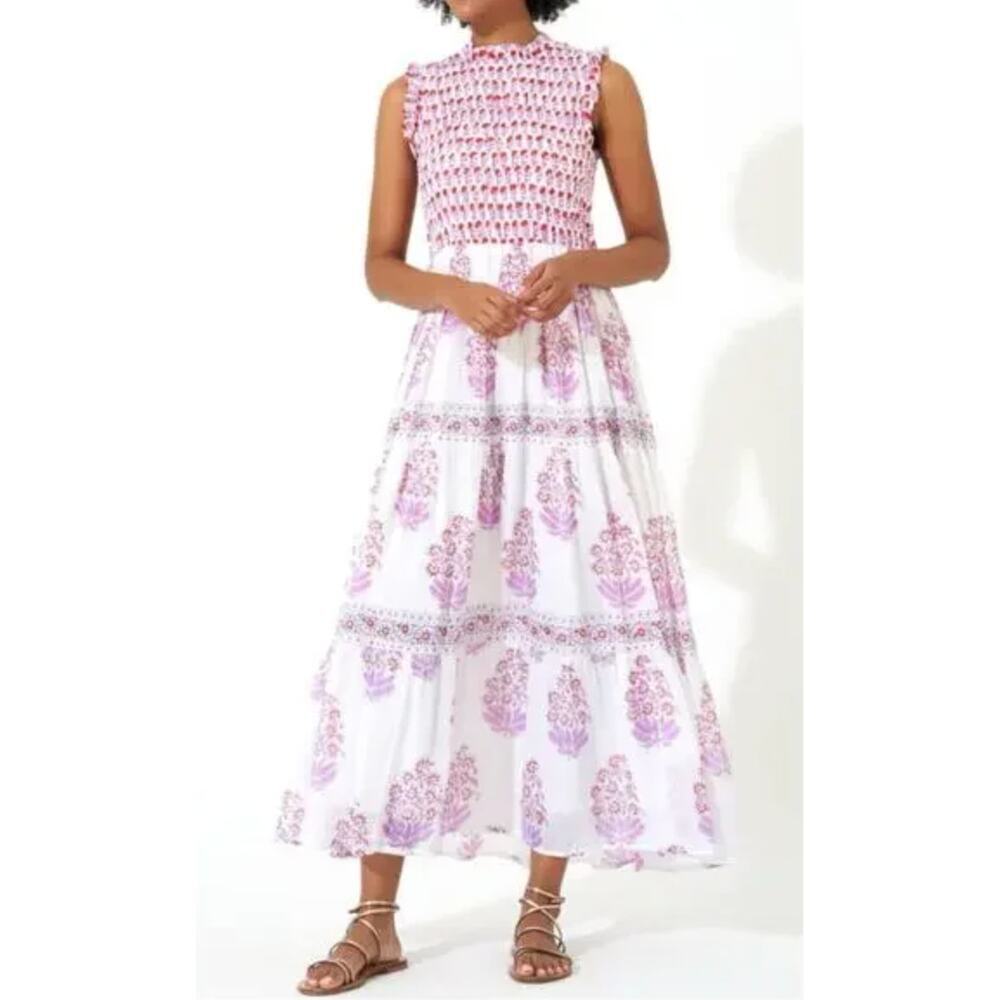 OLIPHANT Tuckernuck Sleeveless Smocked Ruffle Maxi Dress Pink Block Print M